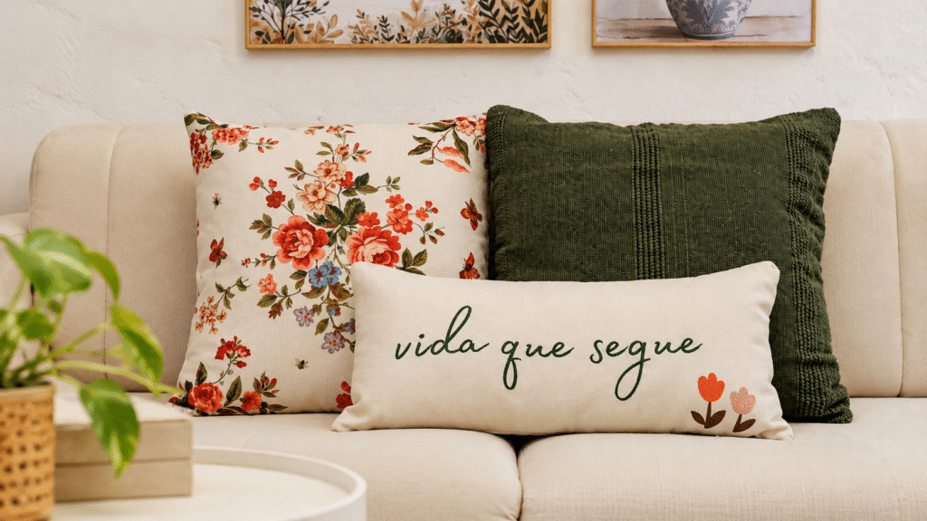 Sofá bege com almofada floral, almofada verde lisa e baguete em composição