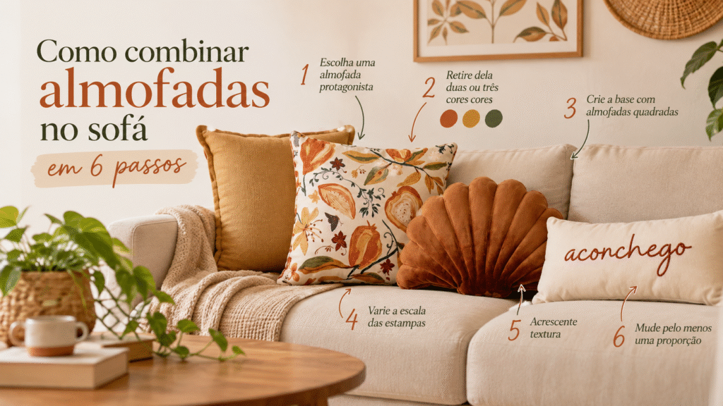 Composição de almofadas com floral protagonista, peça lisa terracota, almofada texturizada e baguete no sofá